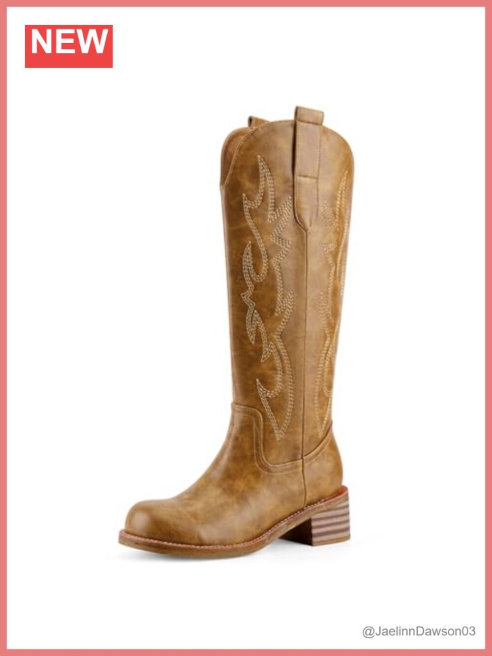 Women Western Knee High Cowboy Boots Wide Calf Chunky Heel Square Toe Faux